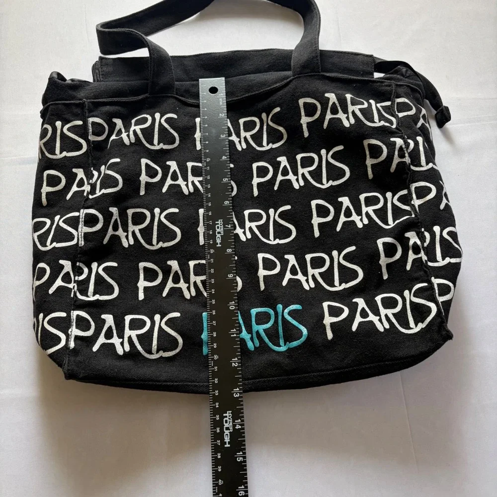 Robin Ruth Paris Canvas Tote Bag Black Script Print Zippered Shoulder Bag Travel